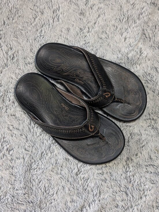 NEW Olukai Mea Ola Black Leather Flip Flops Sandals Men\'s Size 8 EU 41